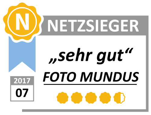 Testsiegel von Netzsieger aus dem Jahr 2017 mit der Bewertung „Sehr gut“ für Foto Mundus