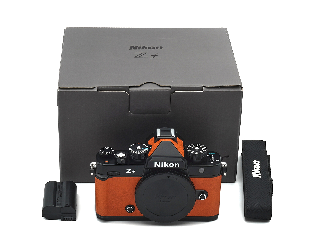 kamera, spiegelreflex?, Nikon Zf, silber-schwarz-orange,  kit box?, Tragegurt
