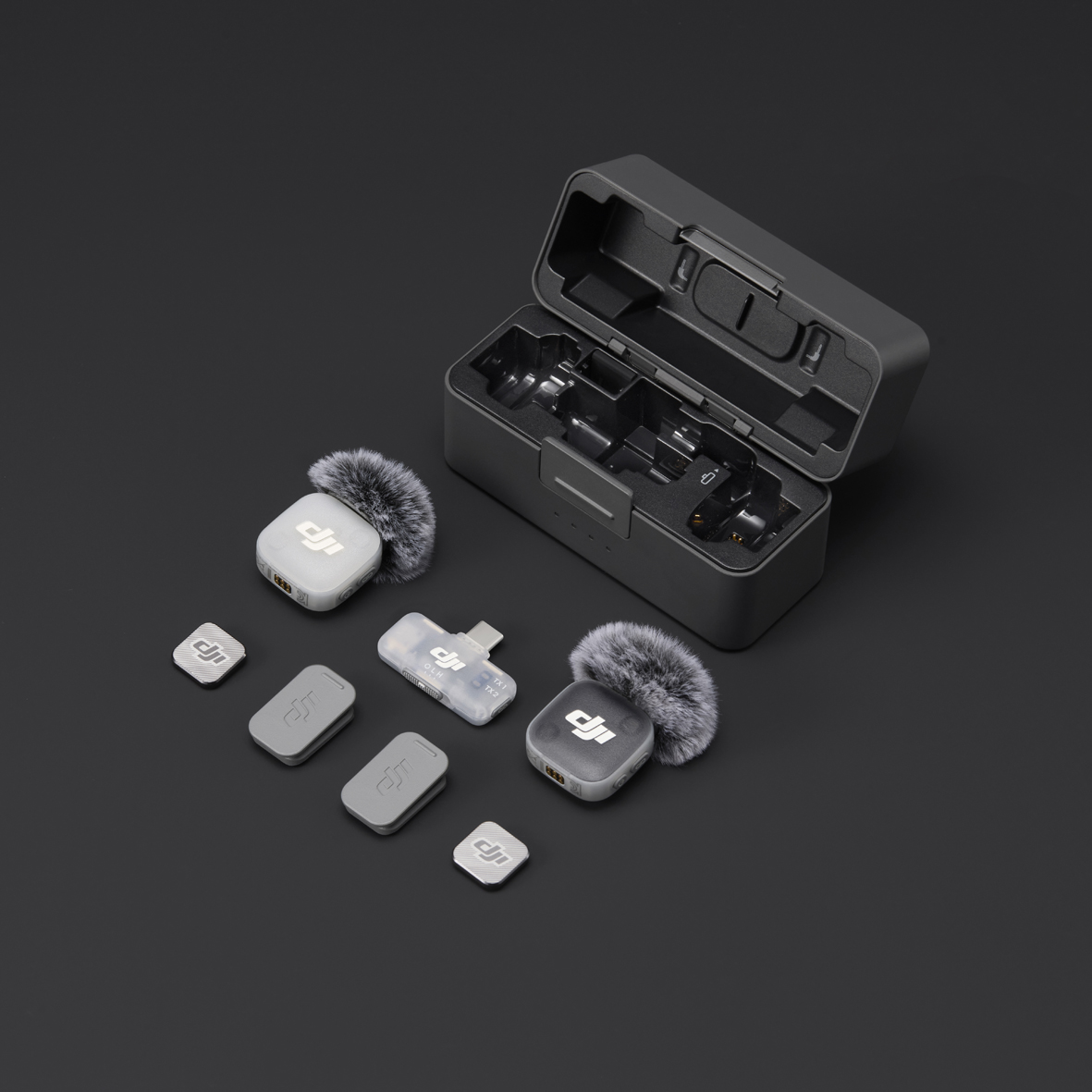 DJI mic system, kabelloses Mikrofon-Set, Ladehülle, Klemmempfänger, Lavalier-Mikrofon