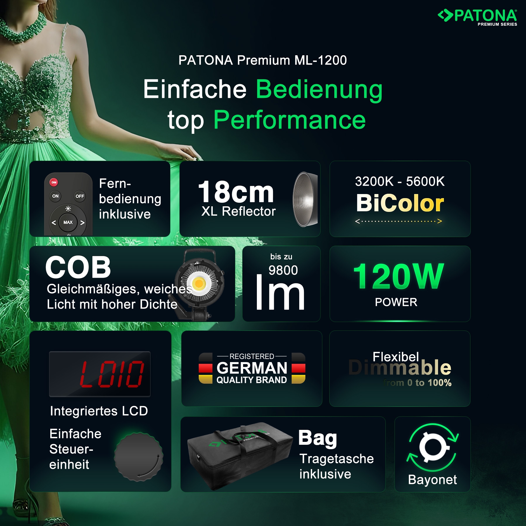 PATONA Premium LED professionelles Fotolicht Videolicht LED 120W COB ML-1200 inkl. Tragetasche