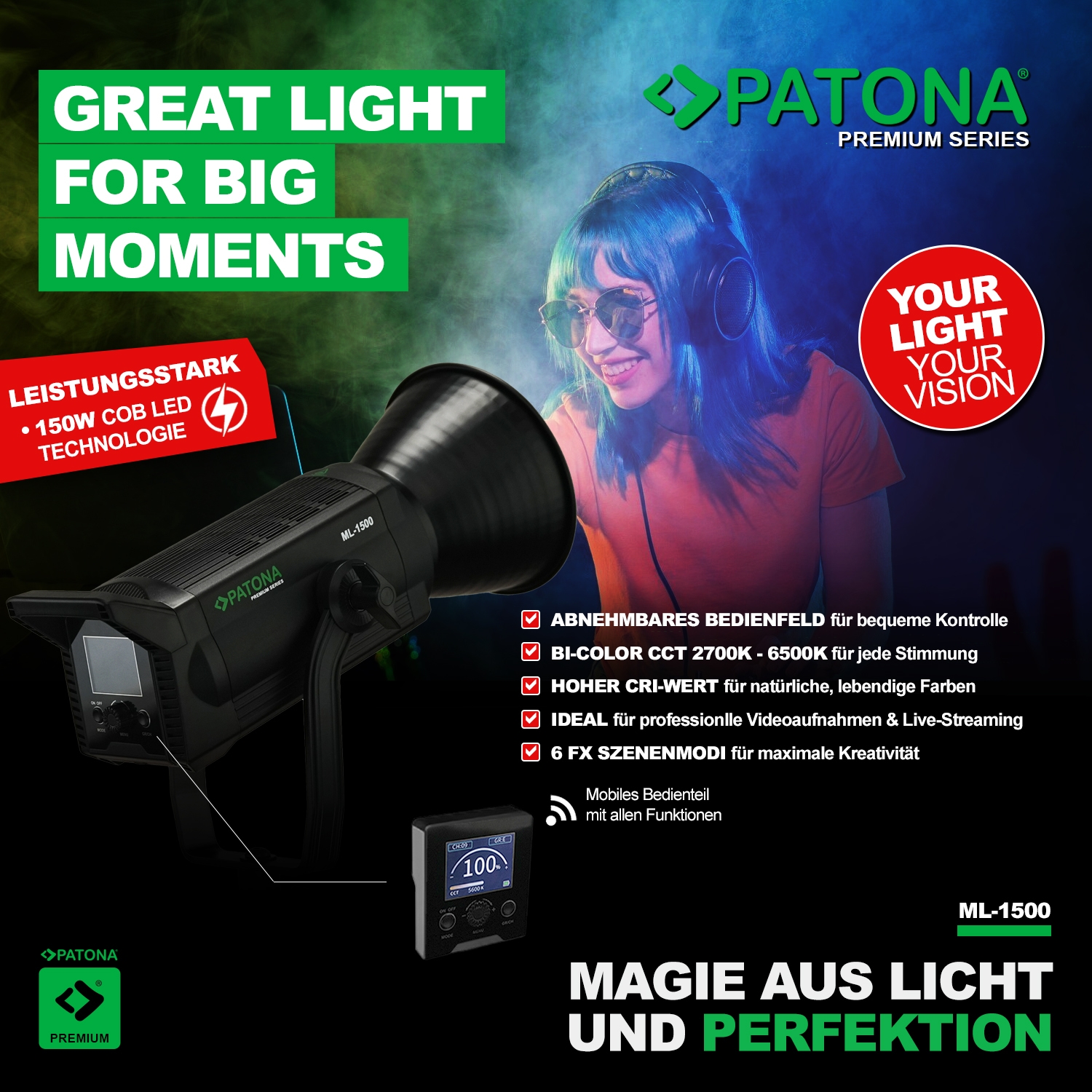 PATONA Premium LED professionelles Fotolicht Videolicht LED 150W COB ML-1500 inkl. Tragetasche