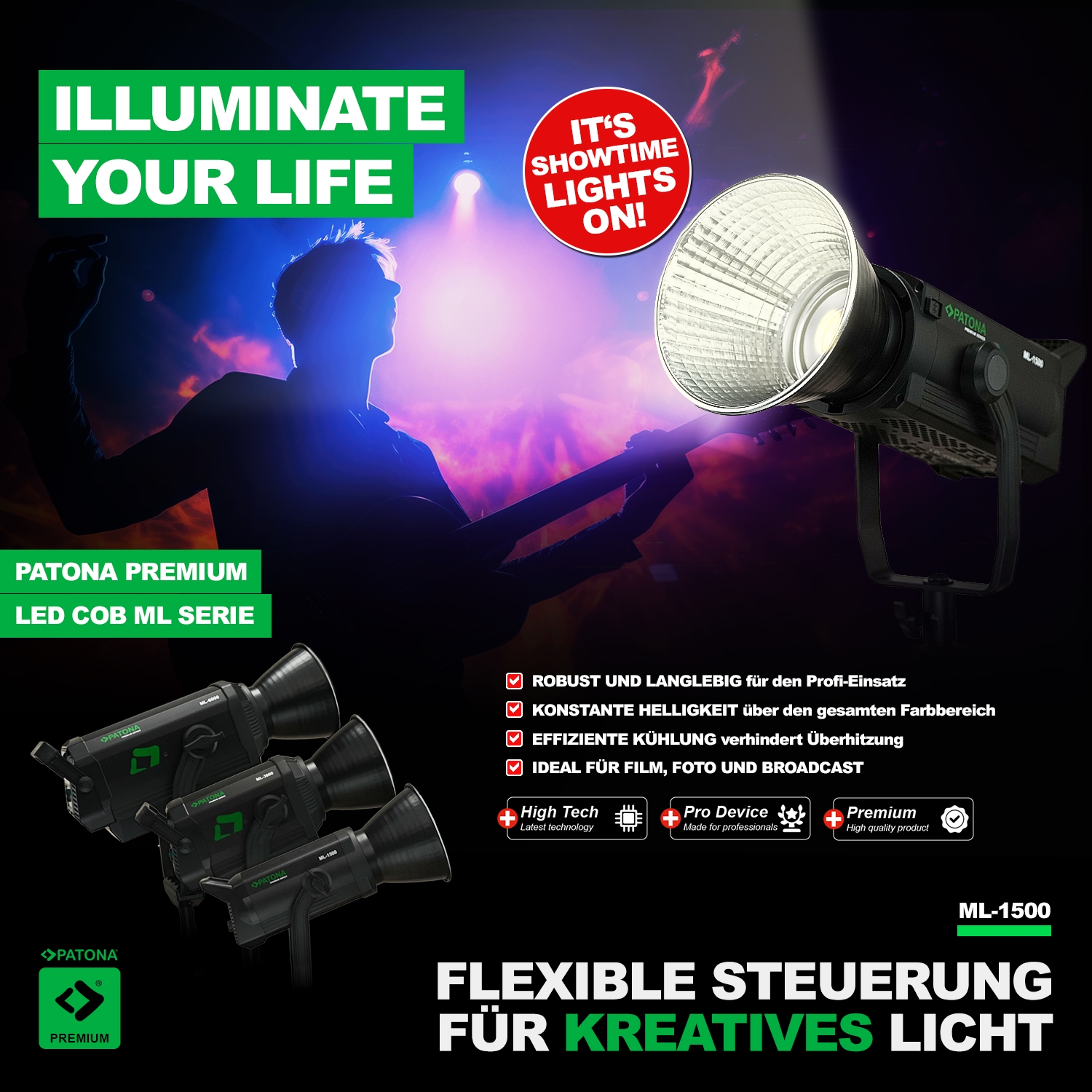 PATONA Premium LED professionelles Fotolicht Videolicht LED 150W COB ML-1500 inkl. Tragetasche