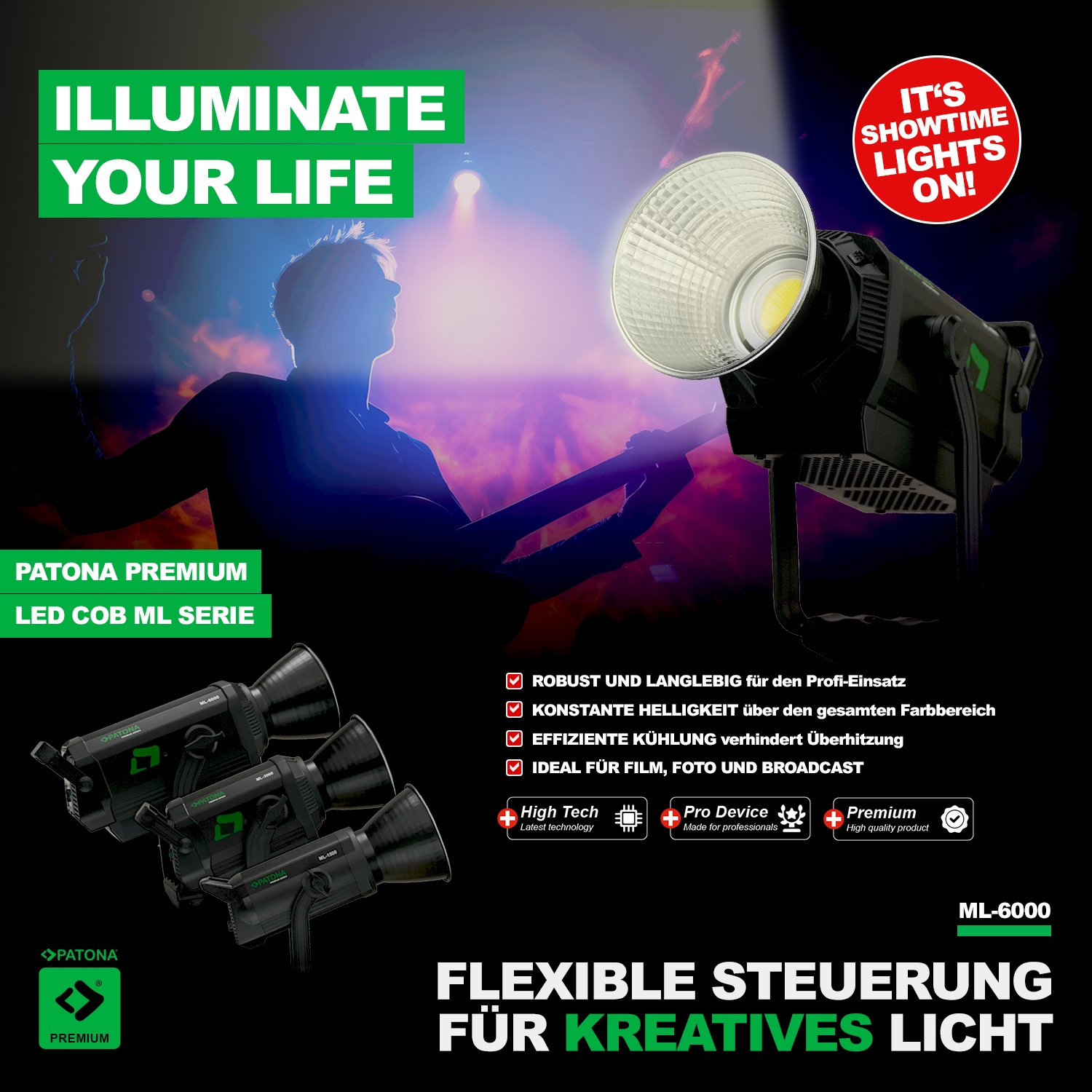 PATONA Premium LED professionelles Fotolicht Videolicht LED 600W COB ML-6000 inkl. Tragetasche