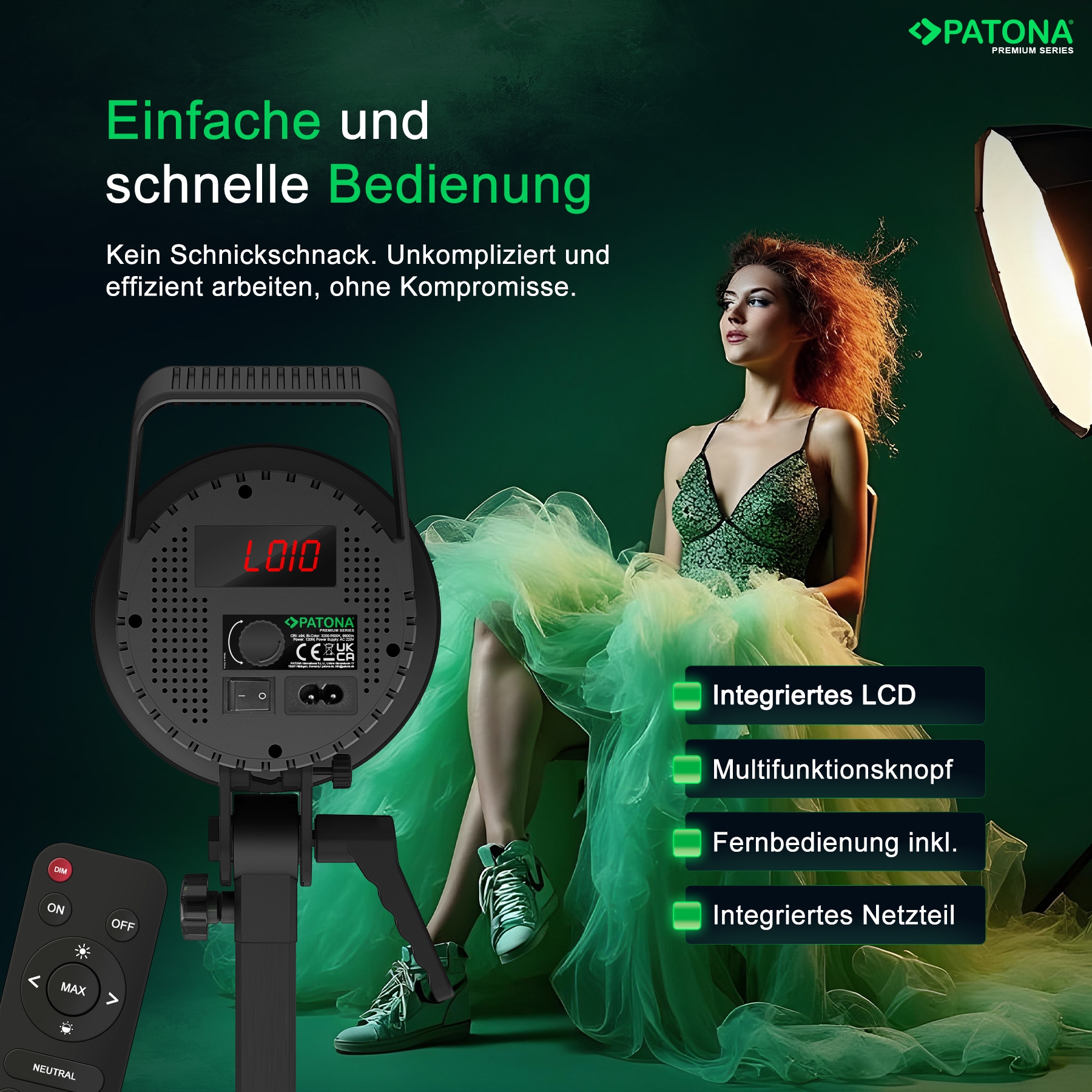 PATONA Premium LED professionelles Fotolicht Videolicht LED 120W COB ML-1200 inkl. Tragetasche