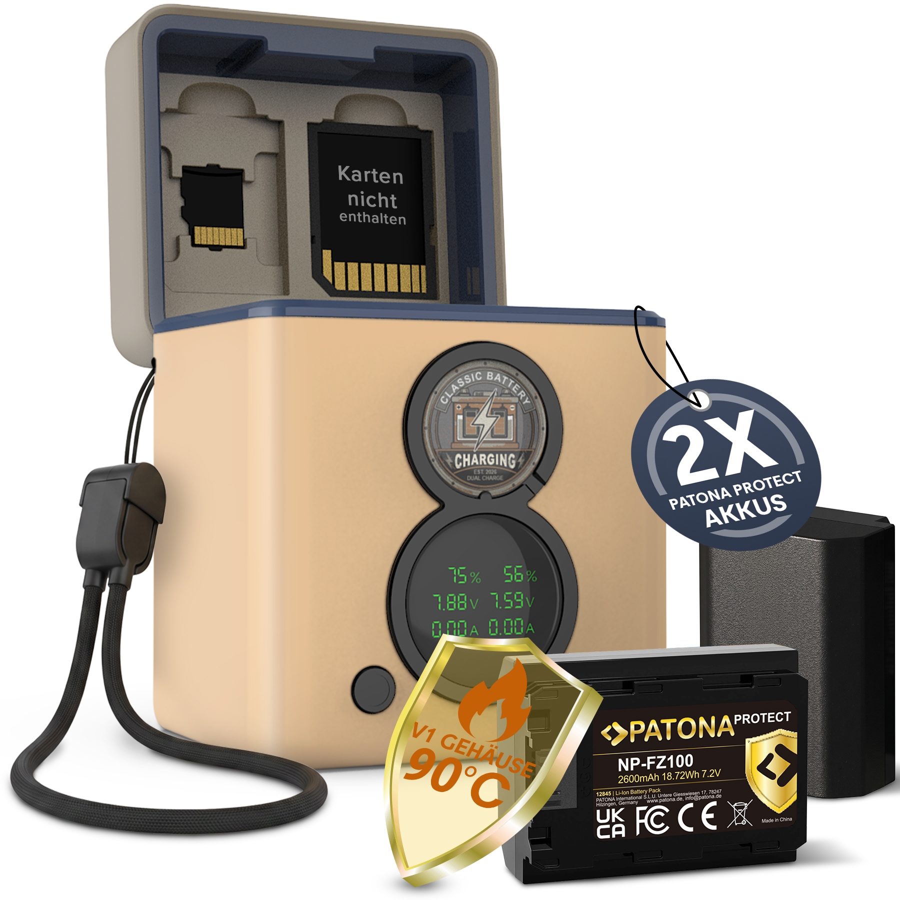 Lithium-Batterie, Batterieladegerät, Digitalanzeige, Tragetasche, Dual-Ladegerät