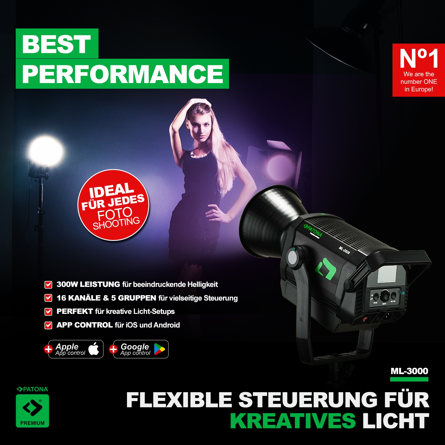 PATONA Premium LED professionelles Fotolicht Videolicht LED 300W COB ML-3000 inkl. Tragetasche