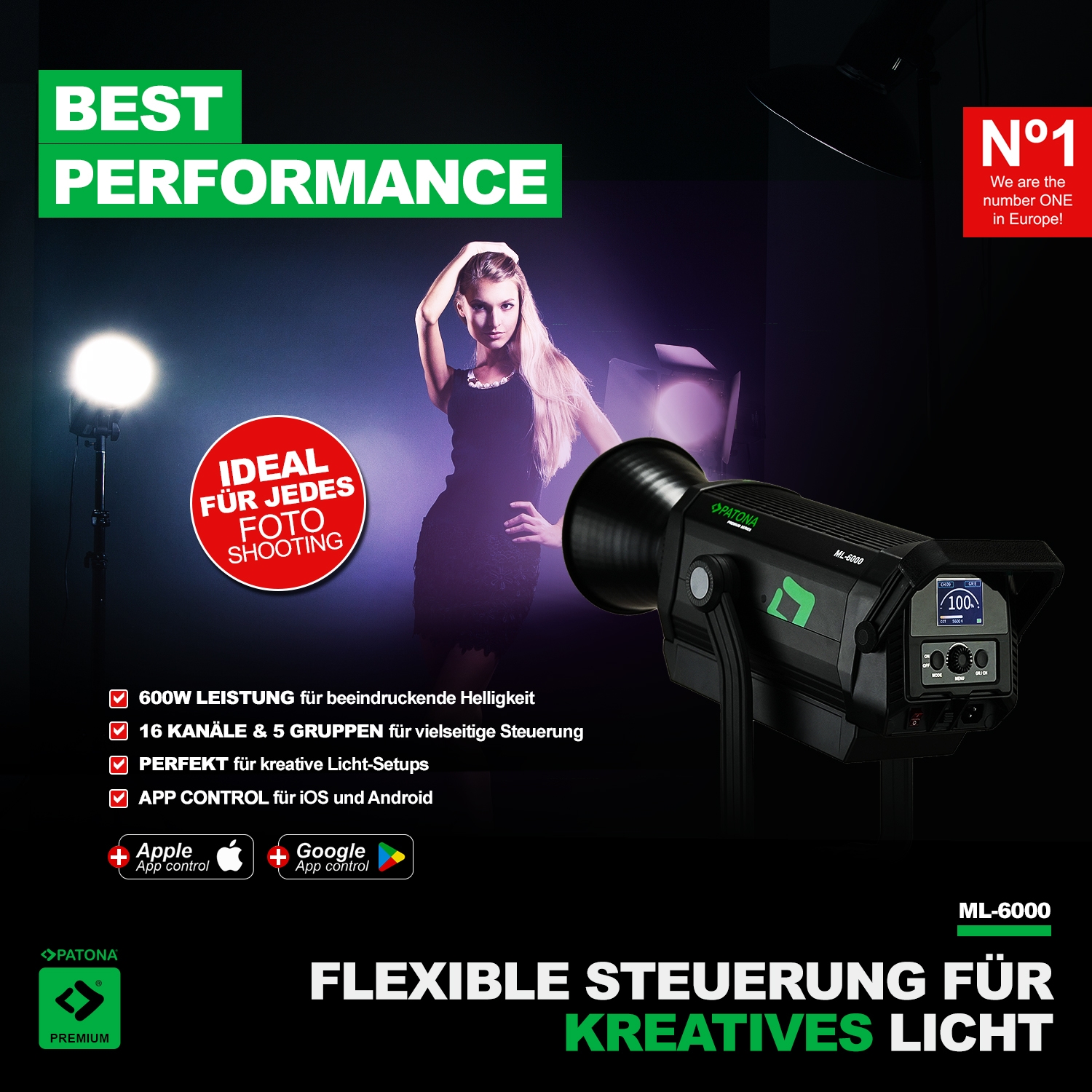 PATONA Premium LED professionelles Fotolicht Videolicht LED 600W COB ML-6000 inkl. Tragetasche