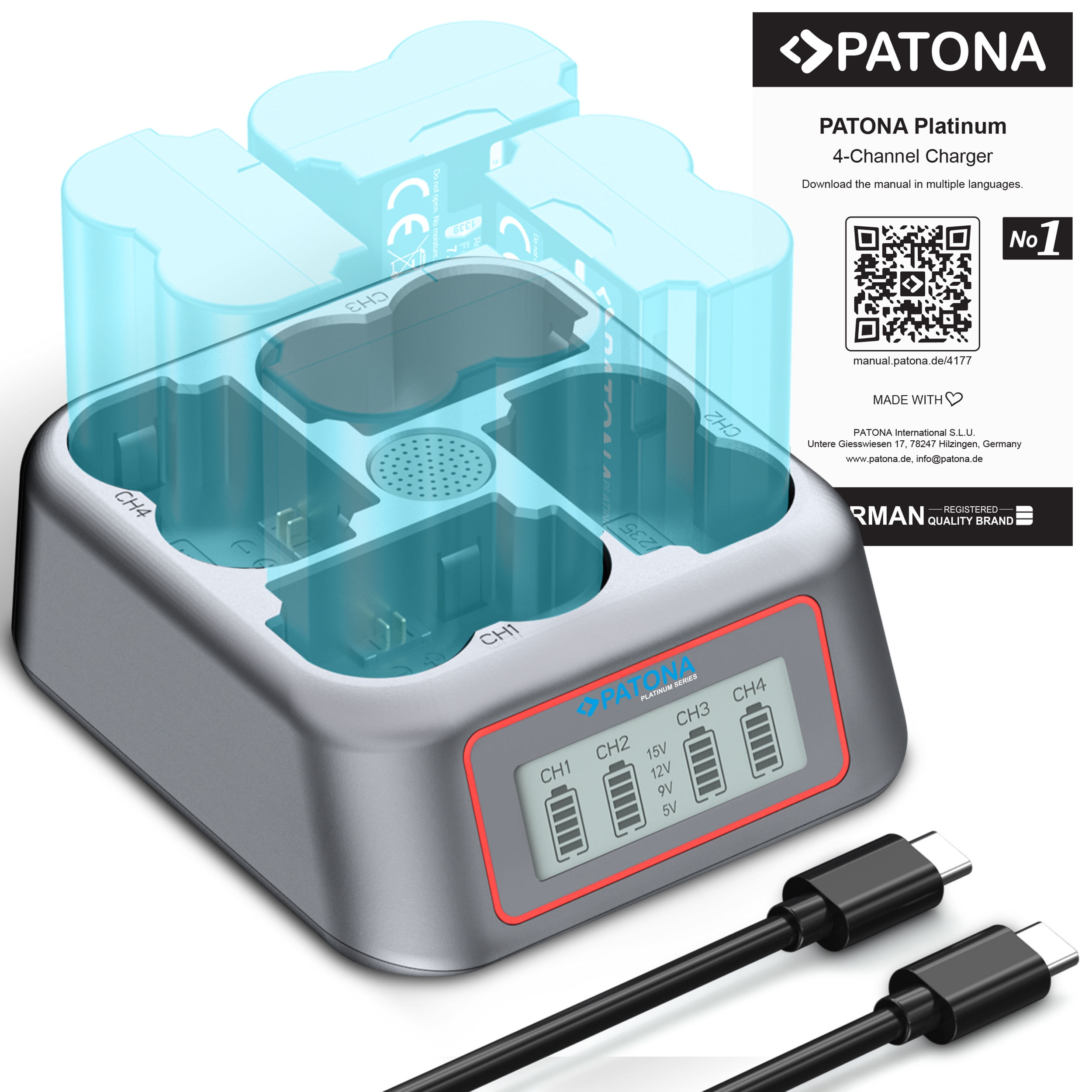 Ladegerät, Batterie, Ladefähigkeit, USB-C, 4-Kanal