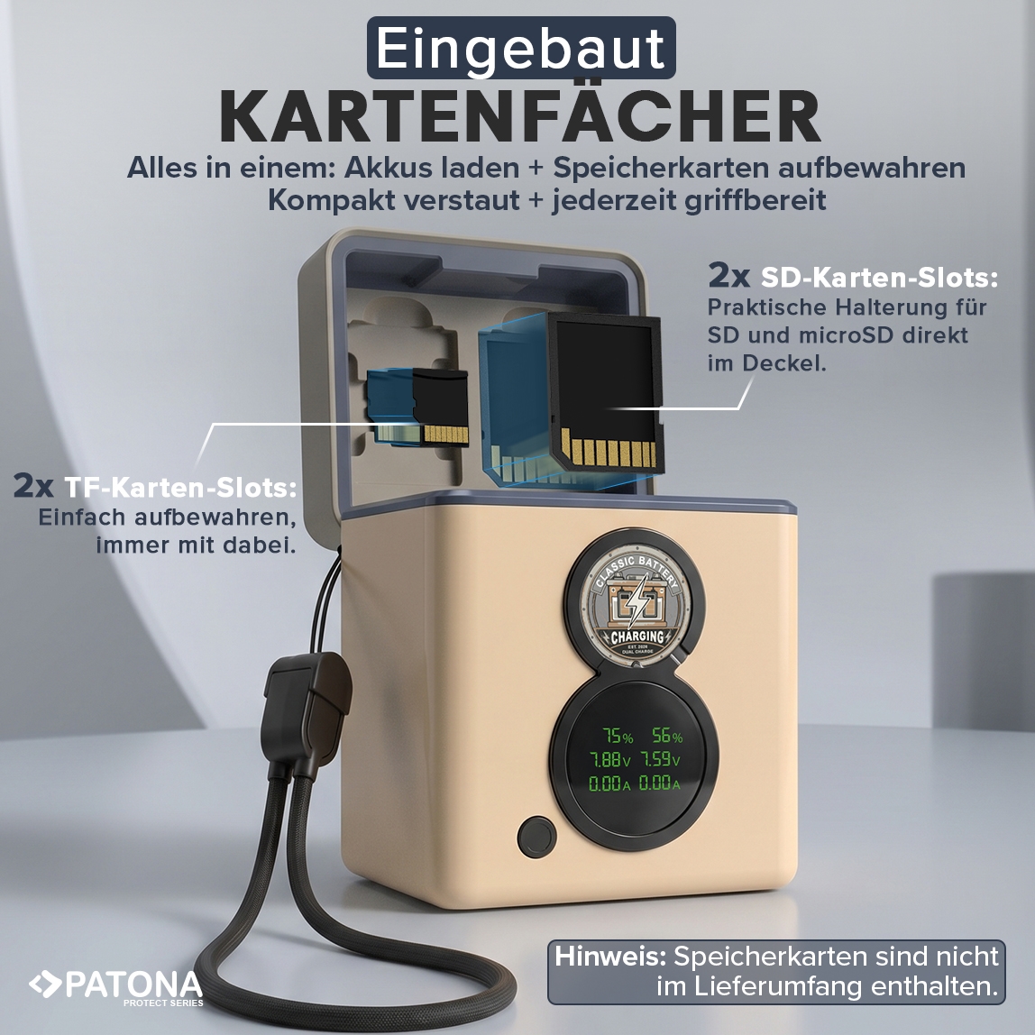 Kartenleser, Kartenhalter, Ladestation, digitales Display, Aufbewahrungsbox