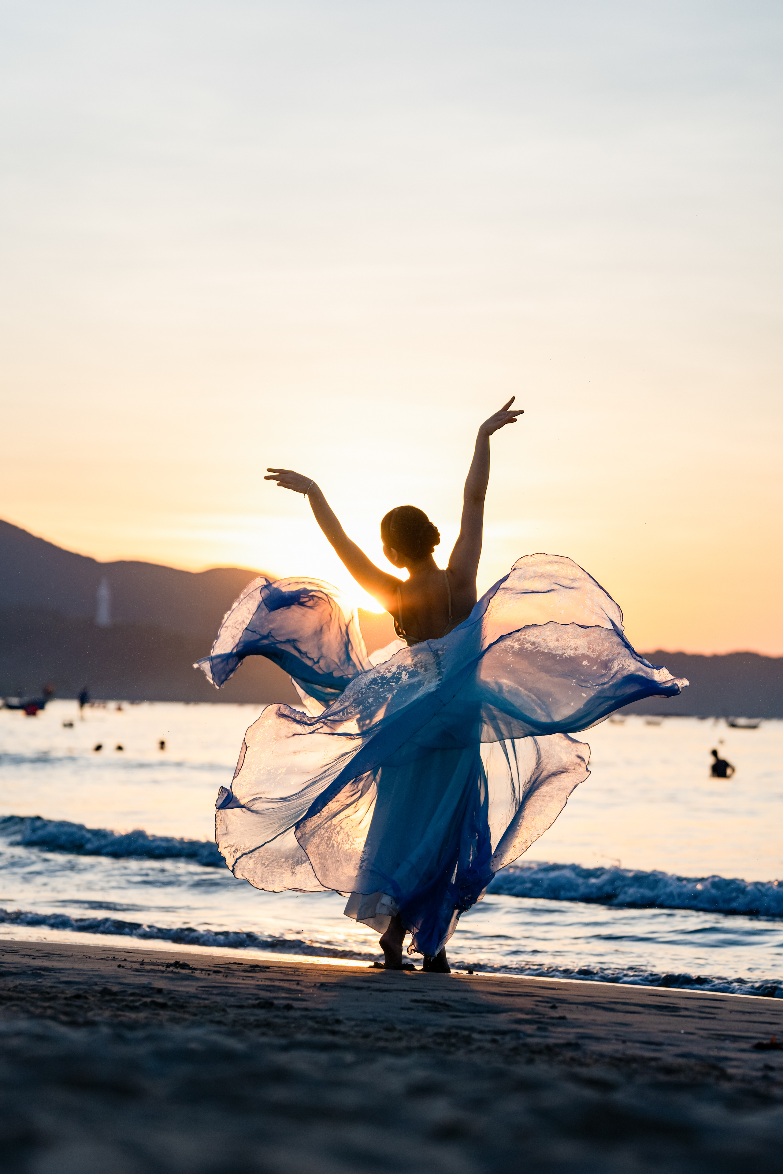 tanz, silhouette, blaues kleid, strand, sonnenuntergang