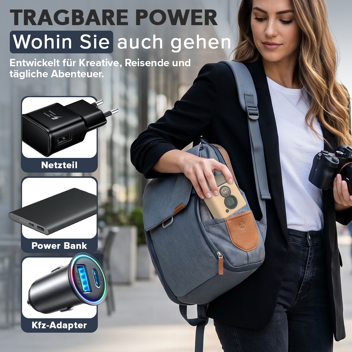 Rucksack, Kamerazubehör, Powerbank, Kfz-Ladegerät, USB-Adapter