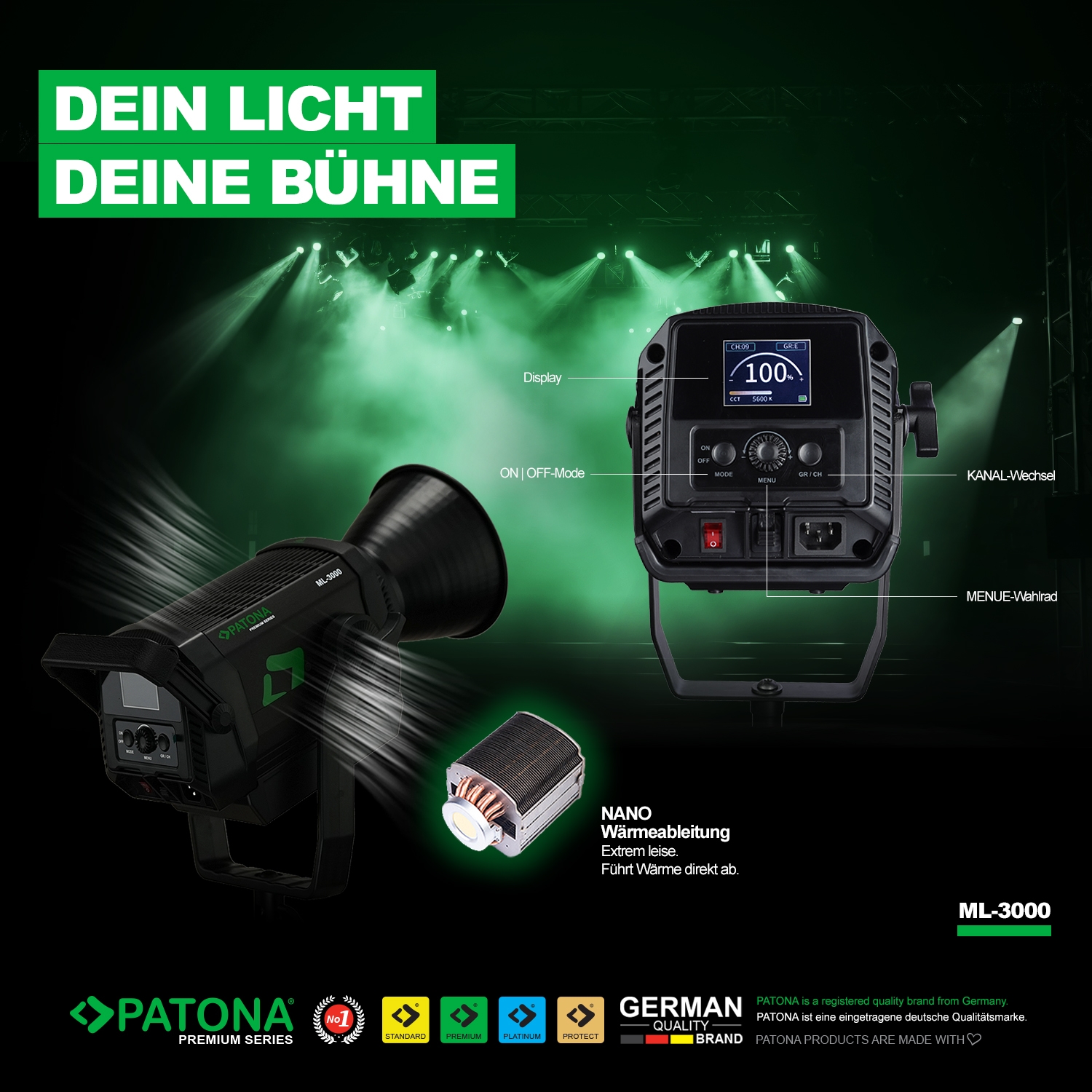 PATONA Premium LED professionelles Fotolicht Videolicht LED 300W COB ML-3000 inkl. Tragetasche
