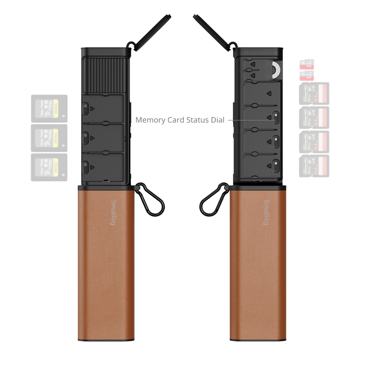 Speicherkarte, Kartenleser, USB-C, brauner Griff, kompakte Aufbewahrung