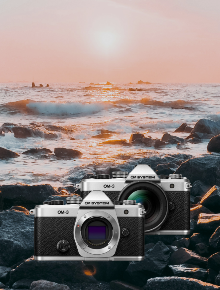Kamera, Spiegelreflex?, OM System, Silber, felsiger Strand