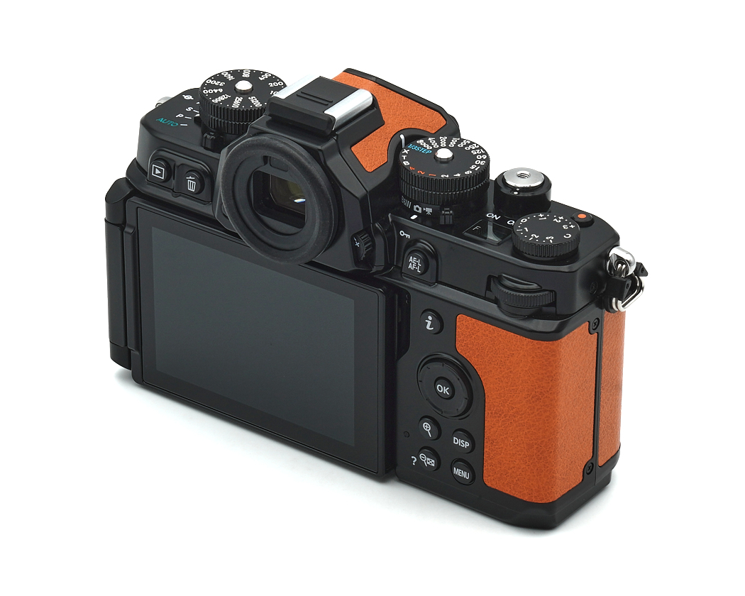 Kamera, Spiegellose Kamera, orange Griff, digital, Rückseite