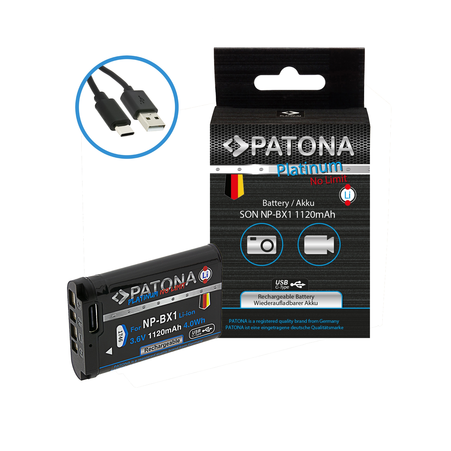 Batterie, Li-Ion, aufladbar, NP-BX1, Platin