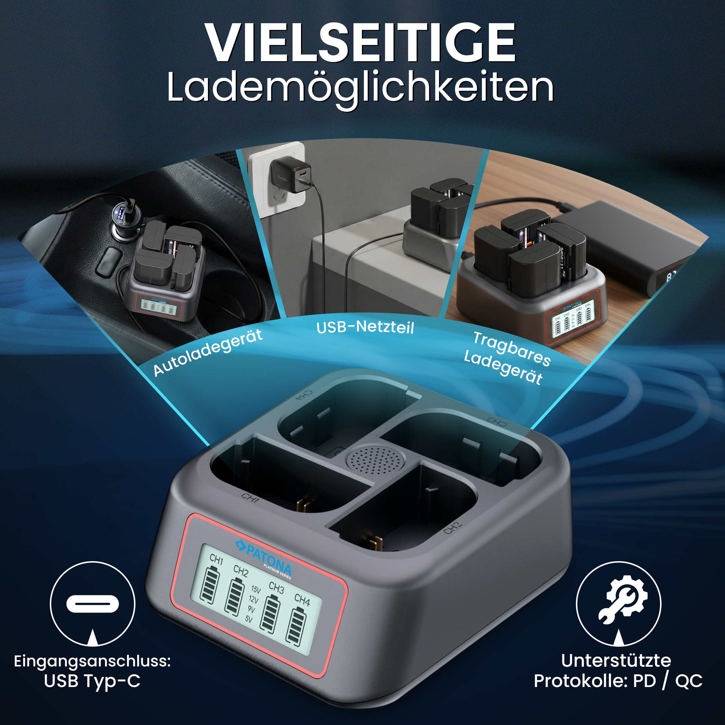 Ladehubs, Mehrfach-Ladegerät, USB-C Ladeschale, Akkuladegerät, Ladegerät