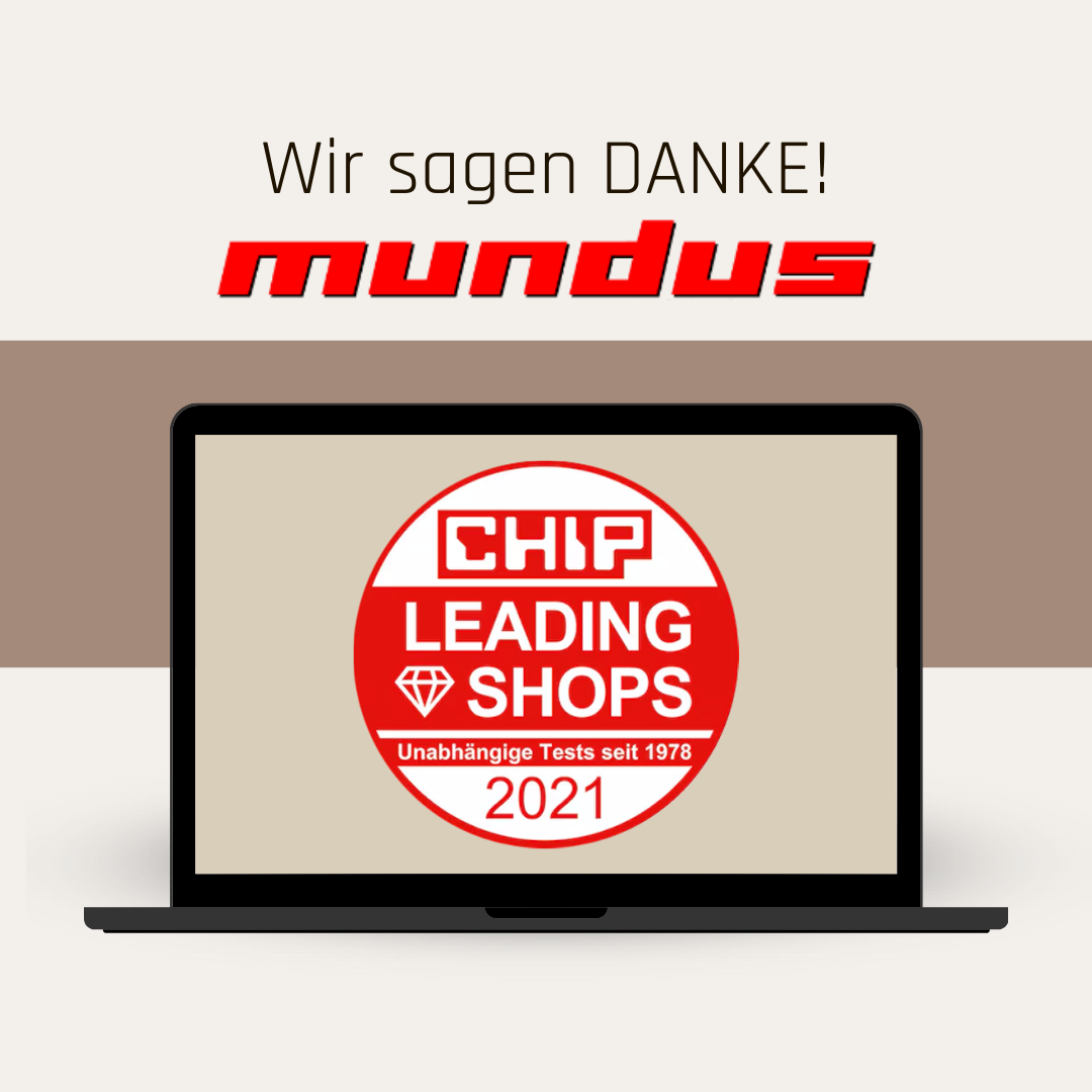 Auszeichnung „CHIP Leading Shops 2021“ auf einem Laptopbildschirm – Foto Mundus sagt Danke
