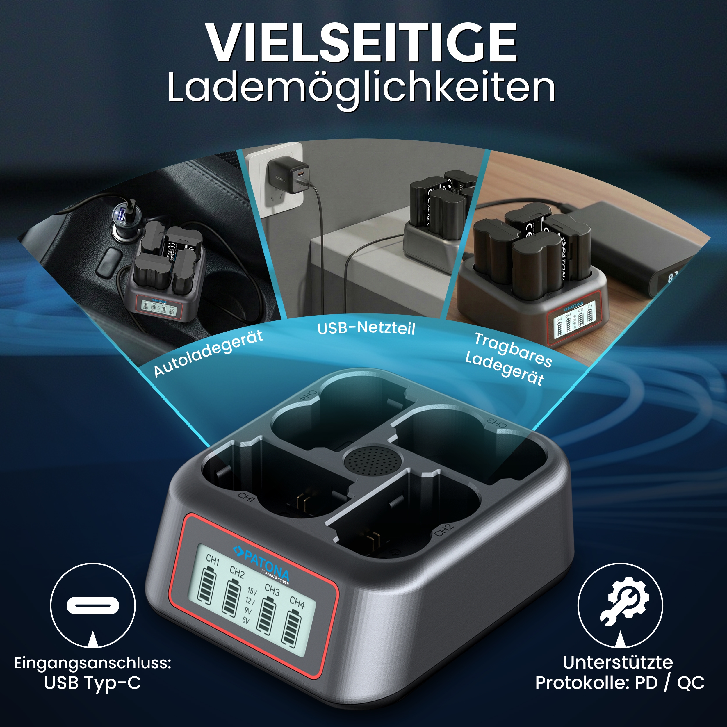 Ladestation, Batterieladegerät, USB-C, Mehrfachsteckplatz, PD-QC