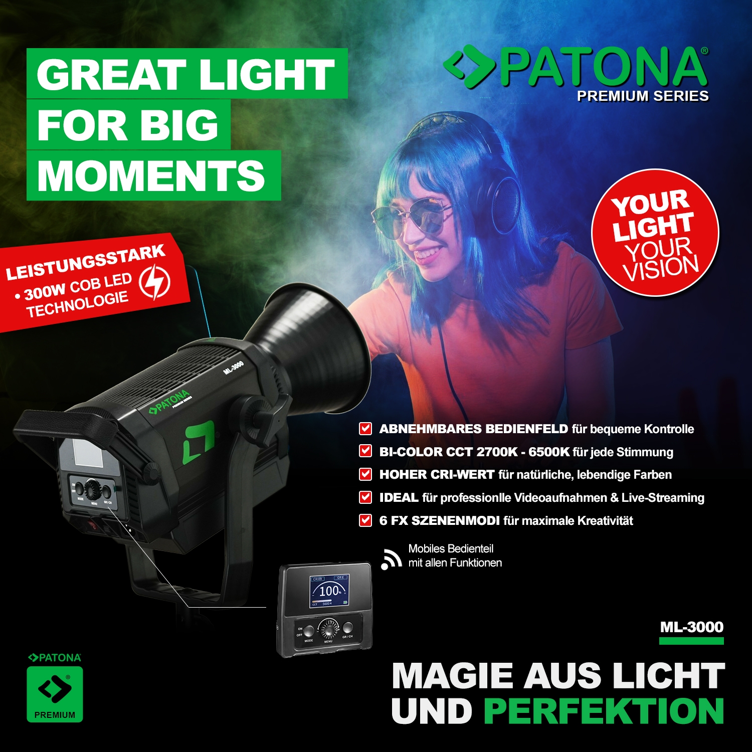PATONA Premium LED professionelles Fotolicht Videolicht LED 300W COB ML-3000 inkl. Tragetasche