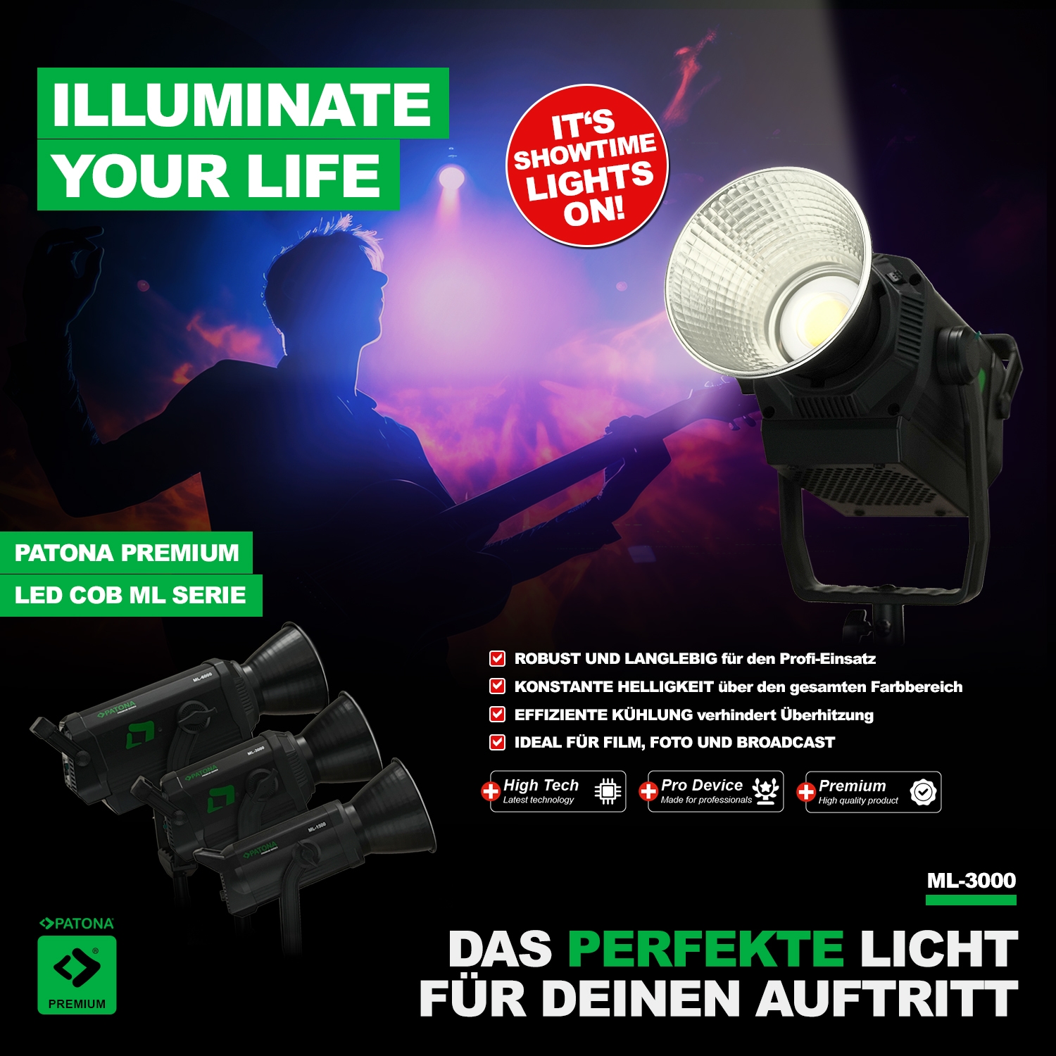 PATONA Premium LED professionelles Fotolicht Videolicht LED 300W COB ML-3000 inkl. Tragetasche