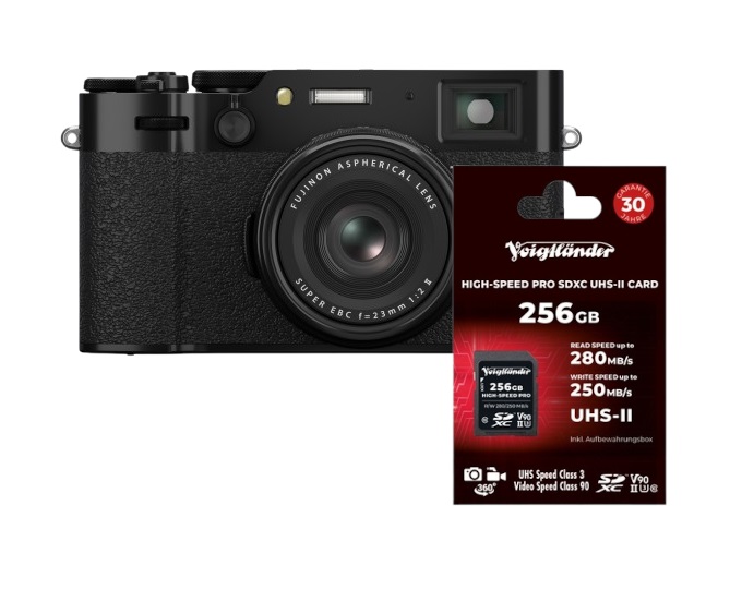 Fujifilm X100VI schwarz + Voigtländer 256GB UHS-II ultraschnelle Speicherkarte