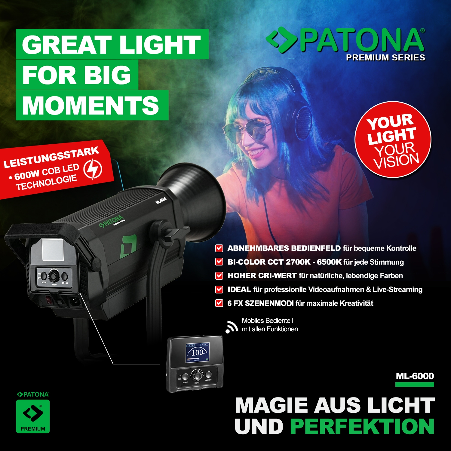 PATONA Premium LED professionelles Fotolicht Videolicht LED 600W COB ML-6000 inkl. Tragetasche