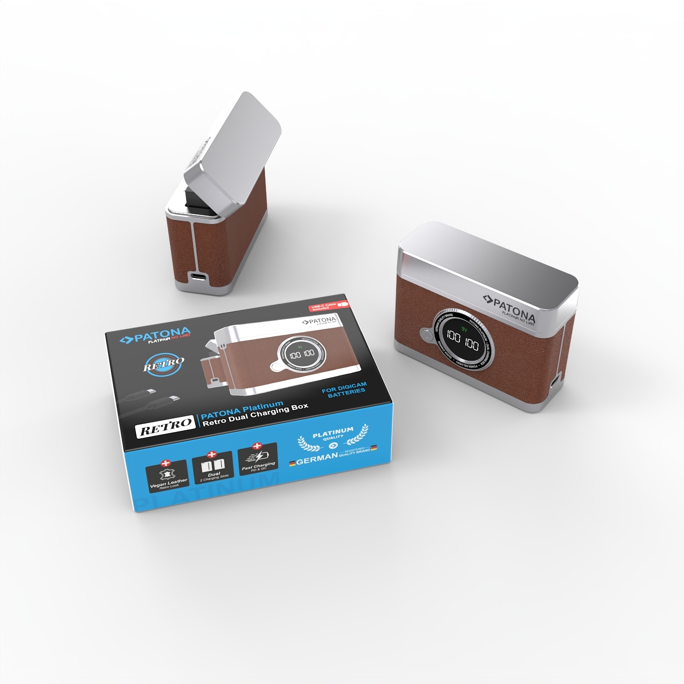 Akku-Ladegerät, Retro, Duo-Ladung, digitale Anzeige, brauner Leder, Metall, Boxensatz