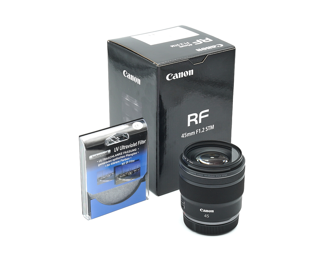 Objektiv, Canon RF 45mm, UV-Filter, Verpackung, Bedienungsanleitung