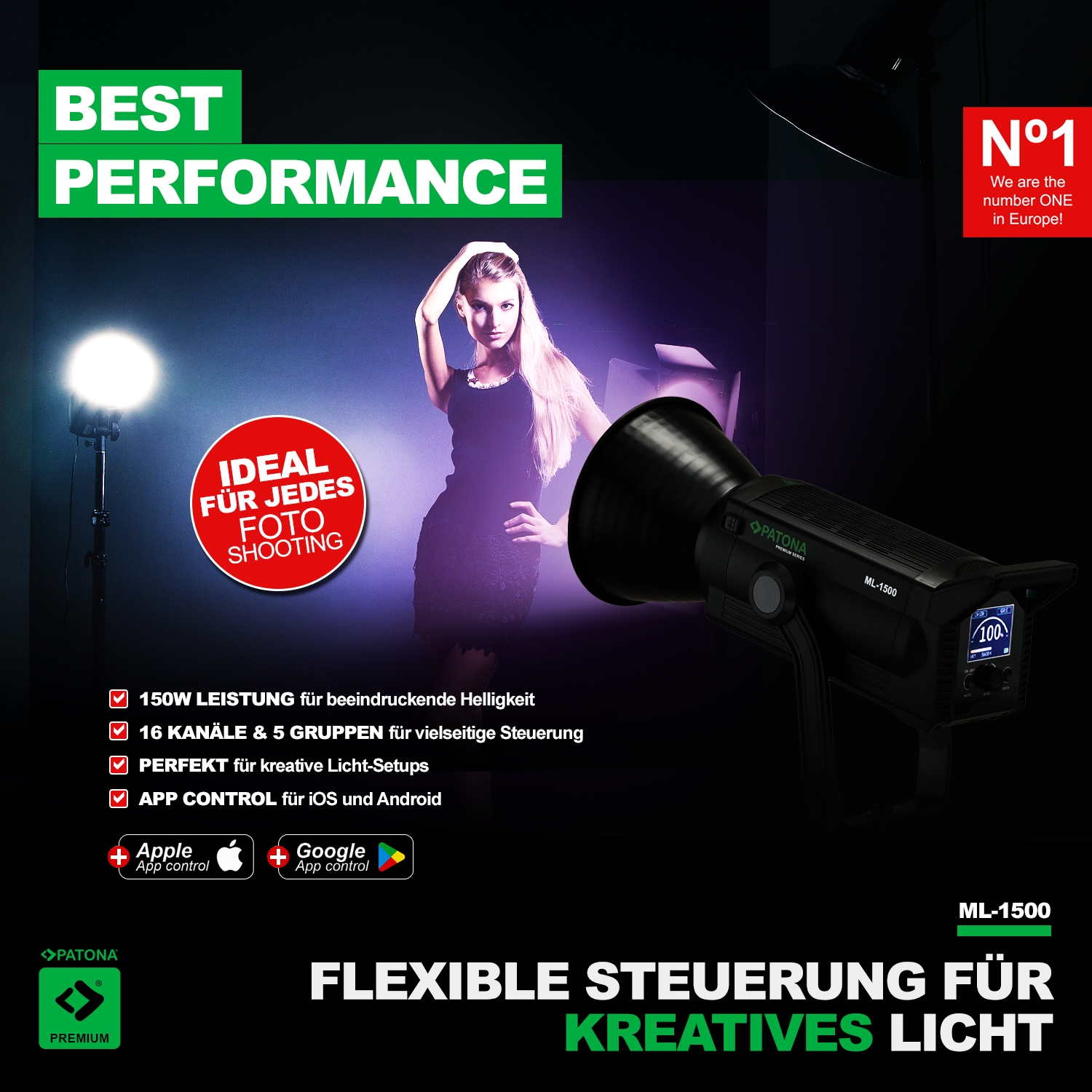 PATONA Premium LED professionelles Fotolicht Videolicht LED 150W COB ML-1500 inkl. Tragetasche