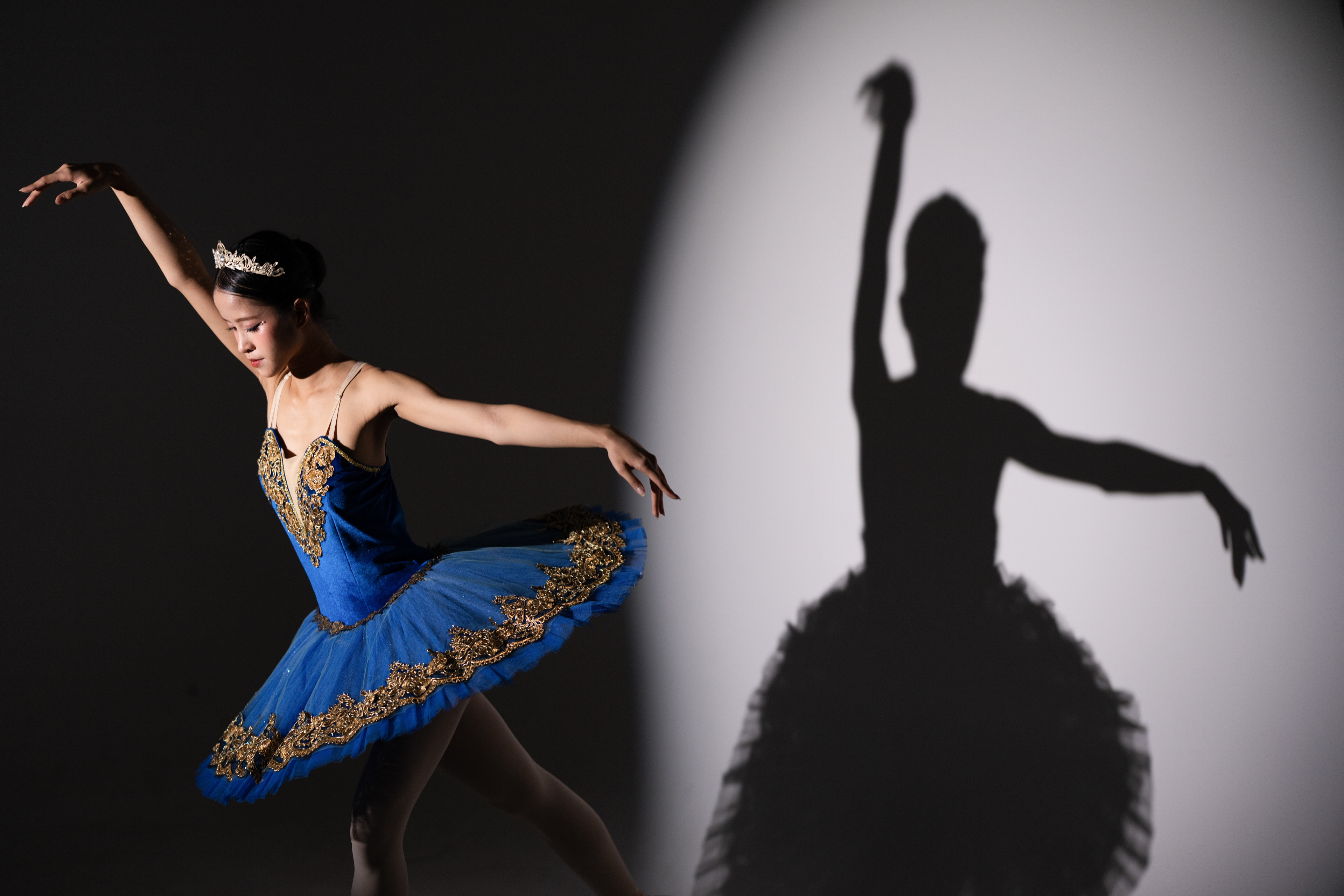 Balletttänzerin, blaues Tutu, Tanzkostüm, Tiara, Schattenprojektion