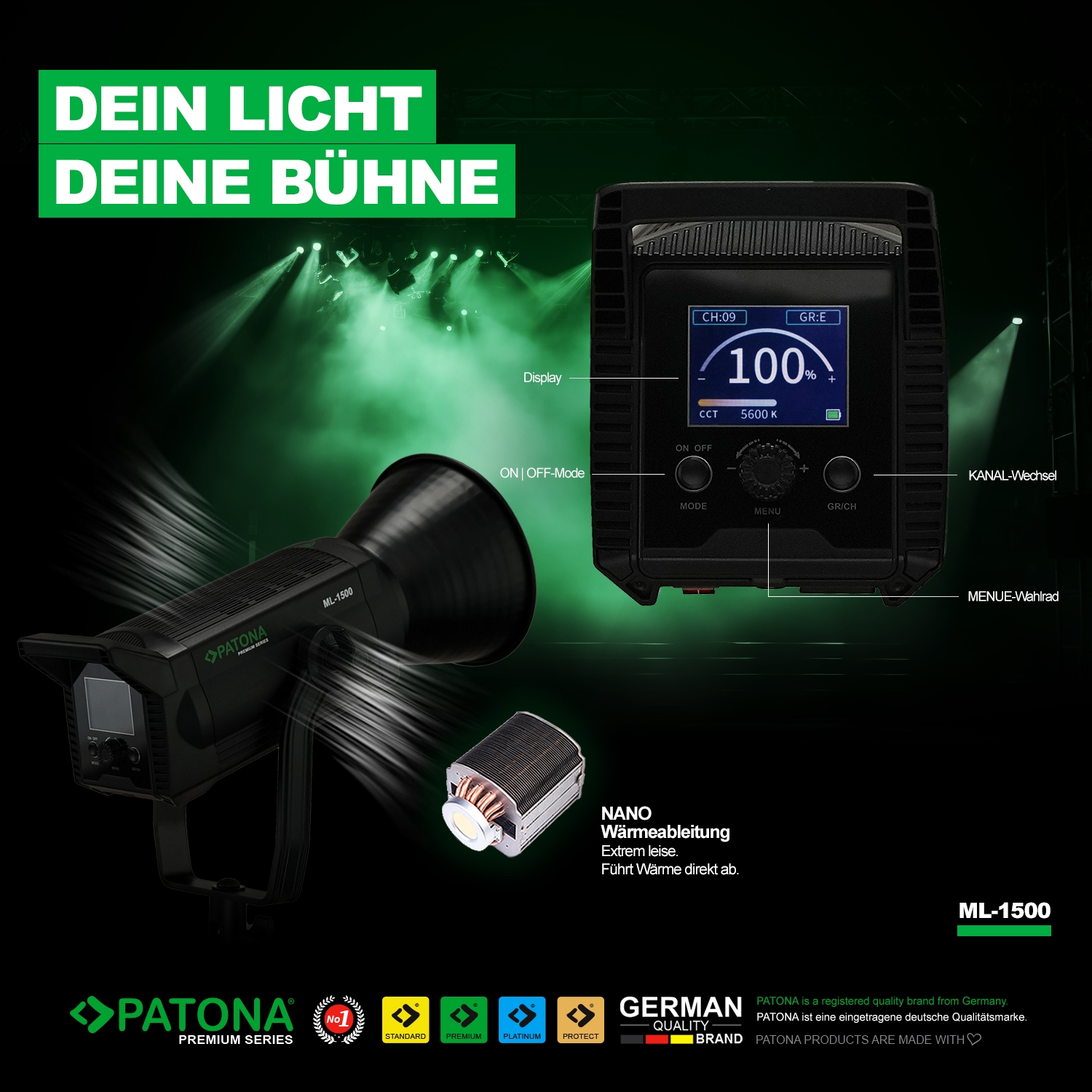 PATONA Premium LED professionelles Fotolicht Videolicht LED 150W COB ML-1500 inkl. Tragetasche